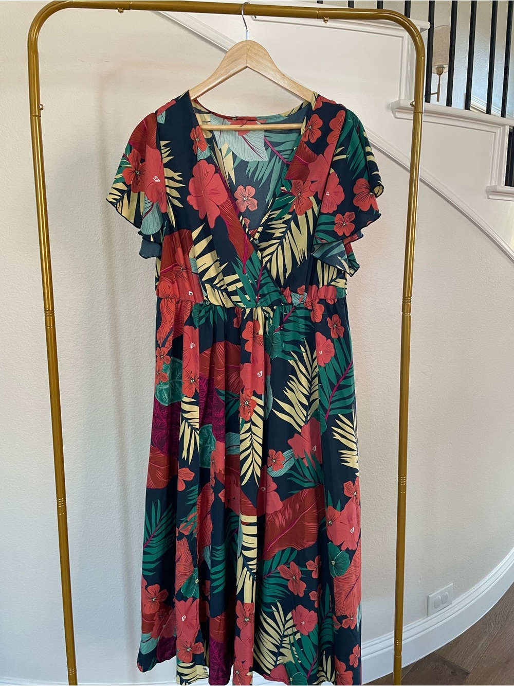 Navy Maxi Dress with Red & Green Floral Print